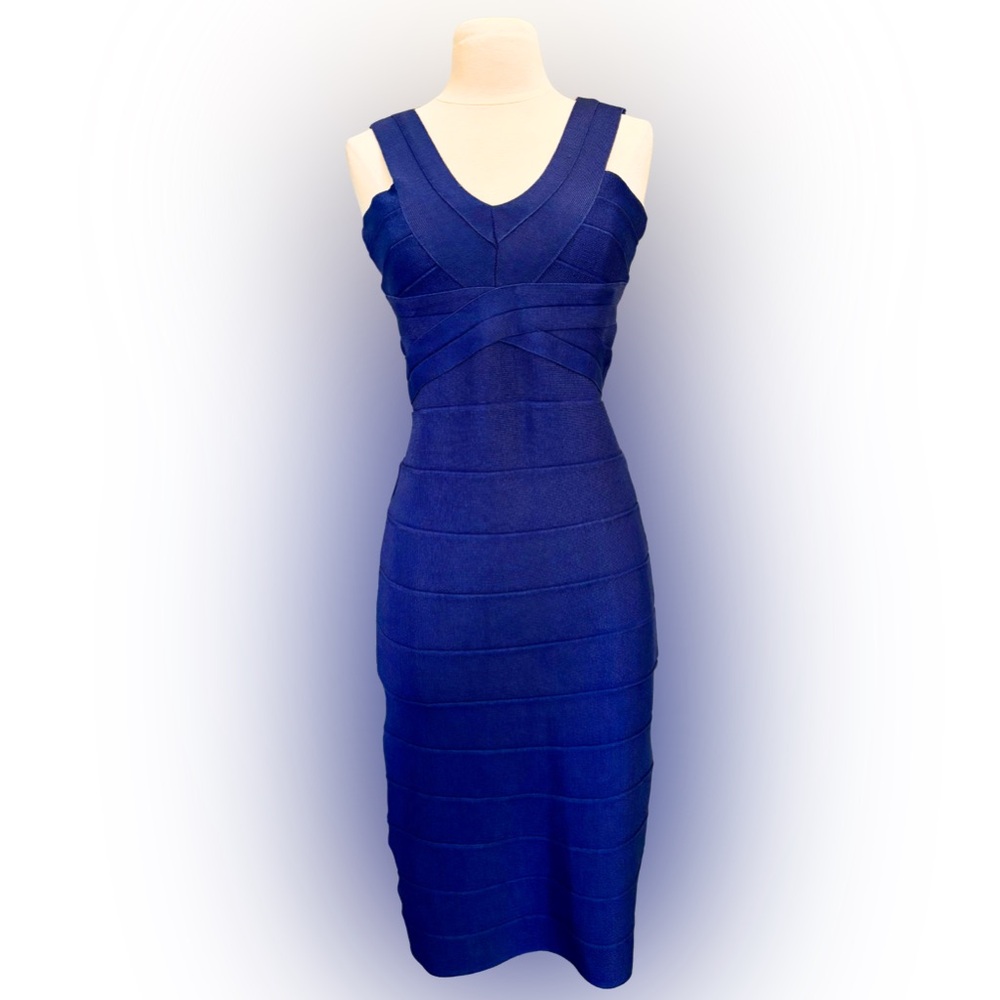Love @ First Sight Blue Vneck Fitted Bandage Dress, Medium